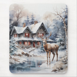 Winter Watercolor Scene - Deer and Cottage Mouse Pad