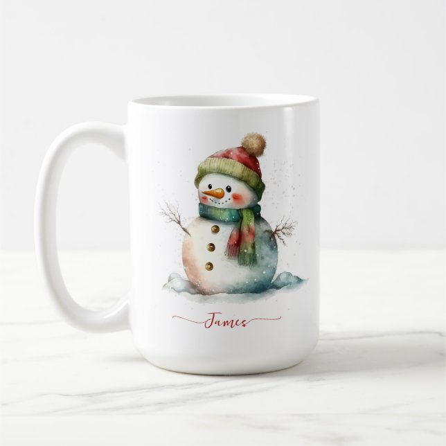 Winter Watercolor Snowman Personalized Christmas Coffee Mug (Left)