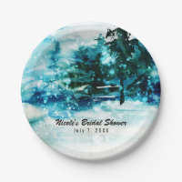 Winter Watercolor Snowy Forest Pine Trees Wedding