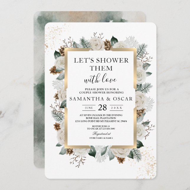 Winter Watercolor White Flowers & Pine Frame Invitation (Front/Back)