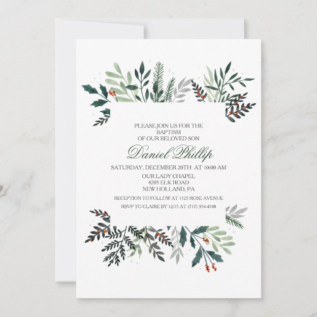 Winter Watercolor Wreath Baptism Invitation (Front)