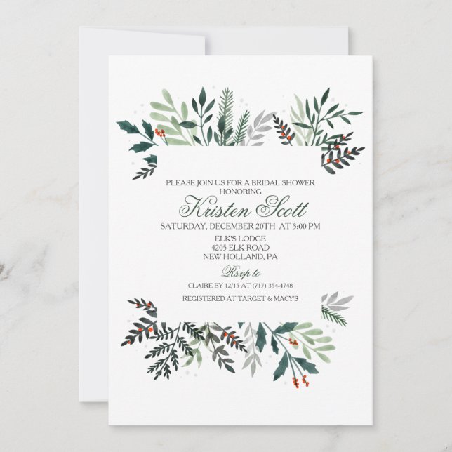 Winter Watercolor Wreath Bridal Shower Invitation (Front)