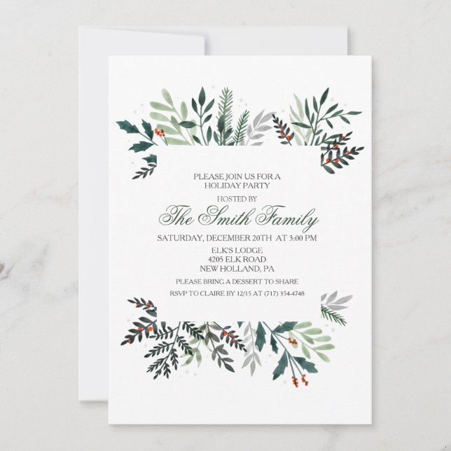 Winter Watercolor Wreath Christmas Invitation (Front)