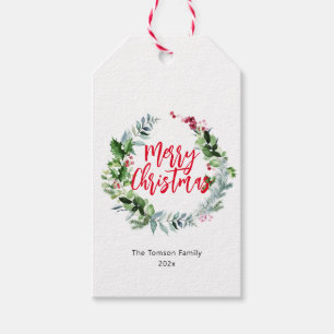 winter watercolor wreath holiday script christmas gift tags