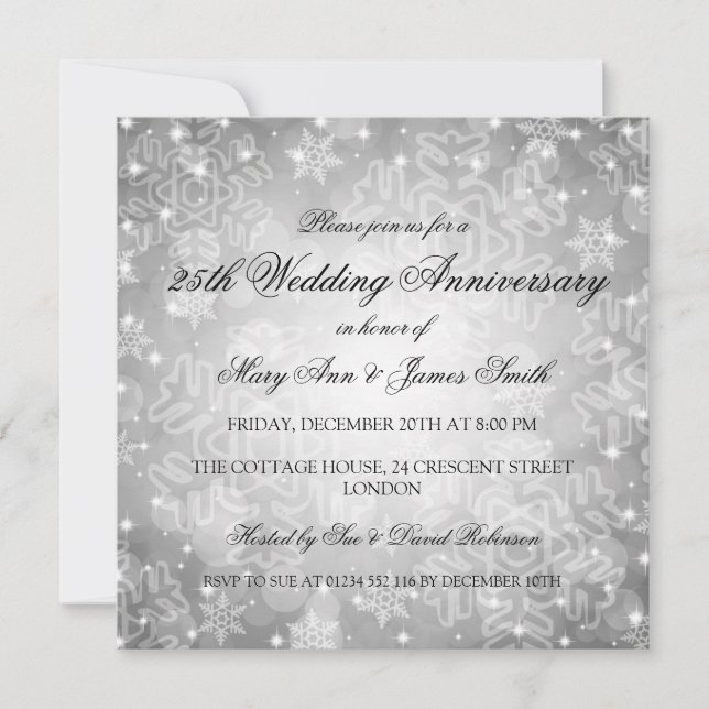 Winter Wedding Anniversary Festive Bokeh Silver Invitation (Front)