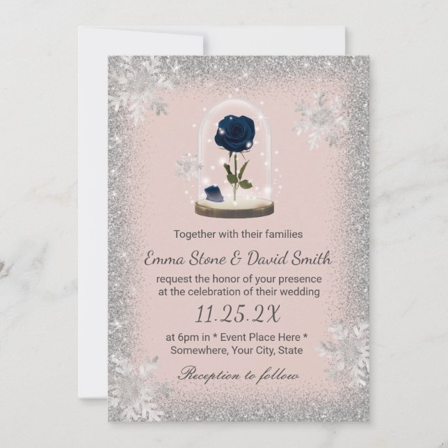 Winter Wedding Beauty Blue Rose Dome Blush Pink Invitation (Front)