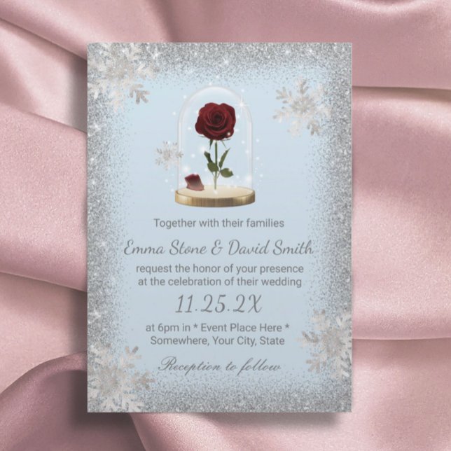 Winter Wedding Beauty Rose Dome Snowflakes Invitation (Creator Uploaded)