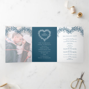 Winter wedding blue mistletoe botanical marriage Tri-Fold programme