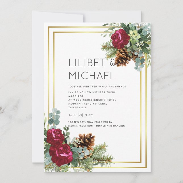 Winter Wedding Burgundy Roses Eucalyptus Invitation (Front)