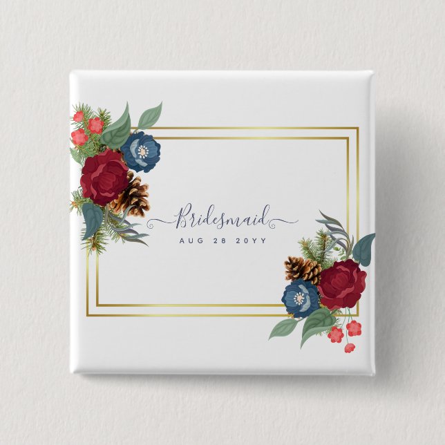 Winter Wedding Burgundy Teal Blue Modern 2 Inch Square Button (Front)