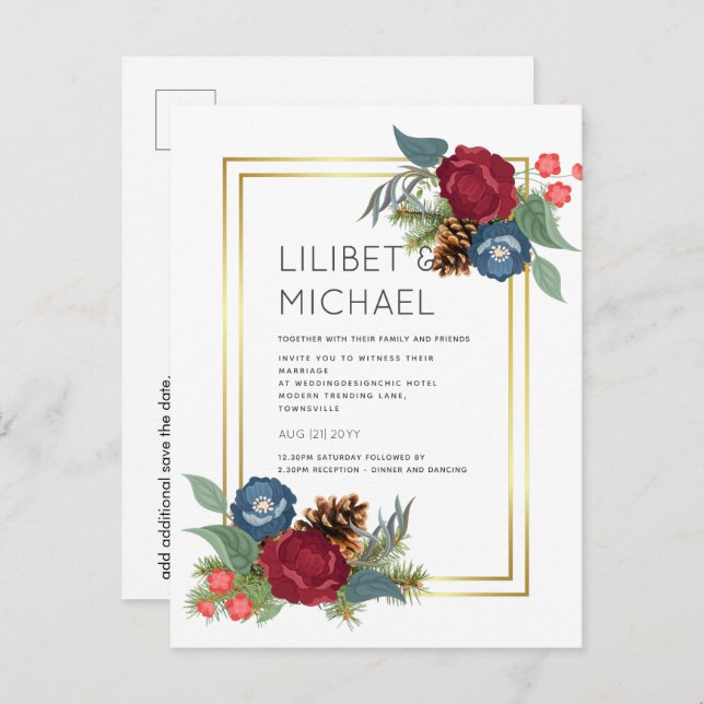 Winter Wedding Burgundy Teal Blue Modern Postcard (Front/Back)