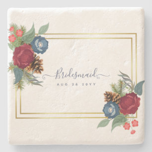 Winter Wedding Burgundy Teal Blue Modern Stone Coaster