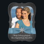 Winter Wedding | Chalkboard, Silver Snowflake Blue Invitation<br><div class="desc">This modern and trendy bracket shaped black and white chalkboard look winter wedding invitation with photo, has an icy steel blue PRINTED ribbon with a bow and glittery silver snowflakes on it. There is also the romantic "This day I will marry my best friend, the one I laugh with, live...</div>