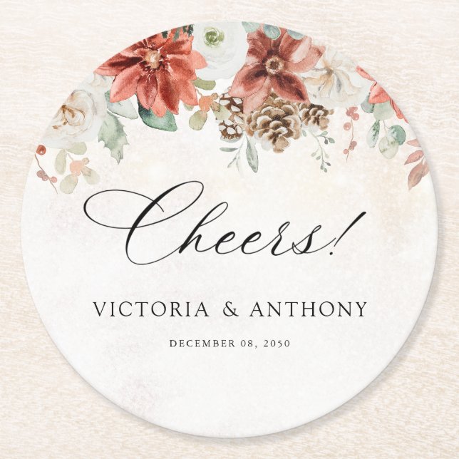 Winter Wedding Cheers Round Coaster (Front)