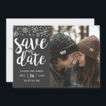 Winter Wedding Custom Photo Save Our Date Card<br><div class="desc">Winter theme save the date card with your custom photo and silver glitter snowflakes. The text says "save our date" in brush lettering with the couple's name, wedding date, and city and state of where the wedding will happen. All texts are editable. Silver and charcoal grey. The back of the...</div>