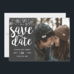 Winter Wedding Custom Photo Save Our Date Card<br><div class="desc">Winter theme save the date card with your custom photo and silver glitter snowflakes. The text says "save our date" in brush lettering with the couple's name, wedding date, and city and state of where the wedding will happen. All texts are editable. Silver and charcoal grey. The back of the...</div>
