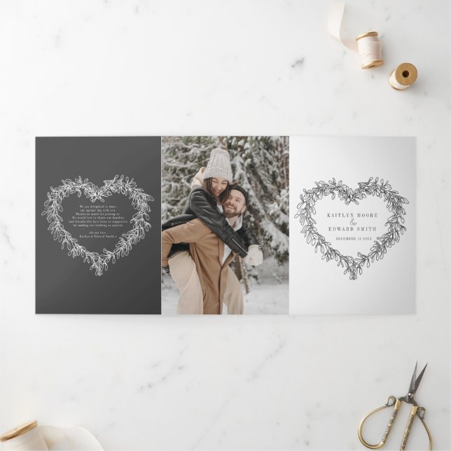 Winter wedding dark grey mistletoe botanical Tri-Fold programme (Outside)