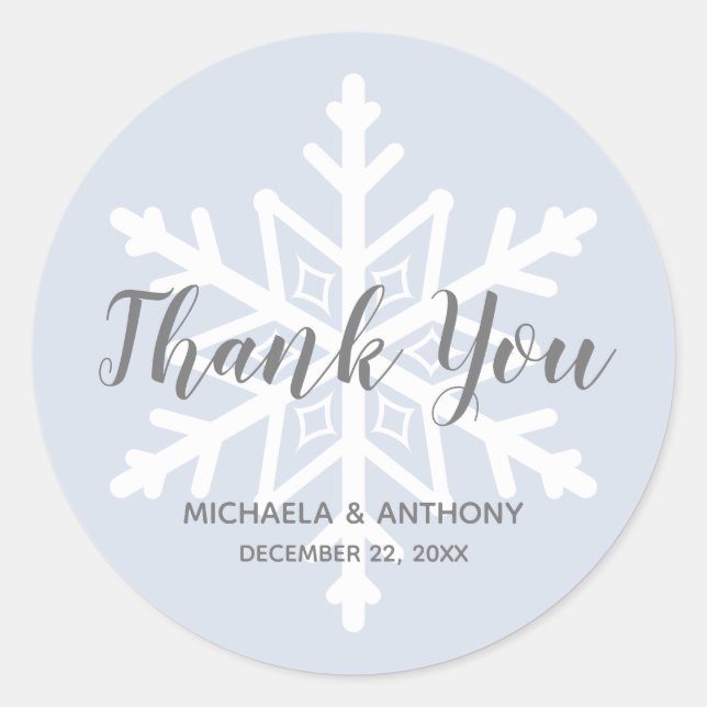 Winter Wedding Dusty Blue Snowflake Thank You Classic Round Sticker (Front)