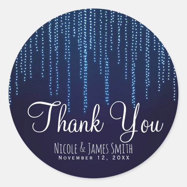 Winter Wedding Elegant Blue Sparkle String Lights Classic Round Sticker (Front)