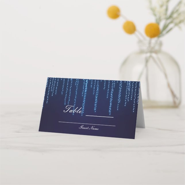 Winter Wedding Elegant Blue Sparkle String Lights Place Card (Back)