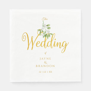 Winter Wedding Elegant Gold Script Mistletoe  Napkin