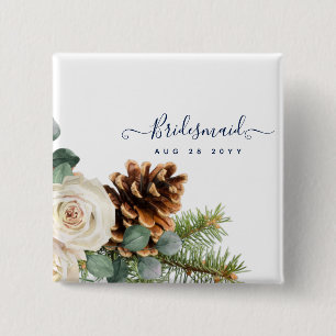 Winter Wedding Eucalyptus Greenery White Roses 2 Inch Square Button