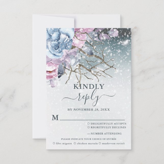 Winter Wedding Floral Snow Meal Choice RSVP Card (Front)