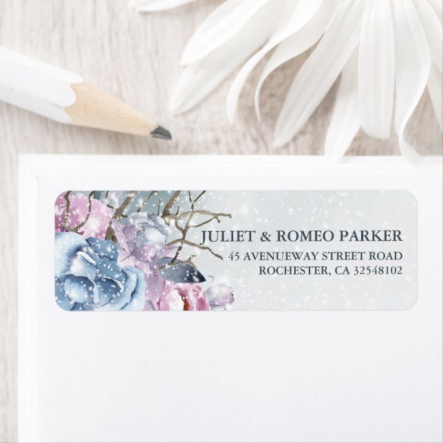 Winter Wedding Floral Snow Return Address Label (Insitu)
