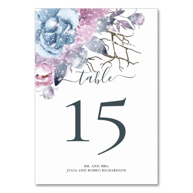 Winter Wedding Floral Snow Table Number (Front)