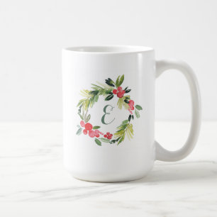 Winter Wedding Floral Watercolor Wreath   Monogram Coffee Mug