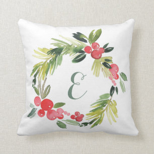 Winter Wedding Floral Watercolor Wreath   Monogram Throw Pillow