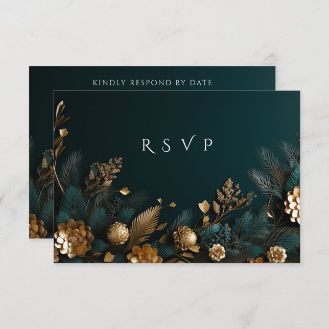 Winter Wedding  Gold Pine Cones Gold Pine Needles RSVP Card (Front/Back)