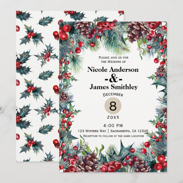 Winter Wedding Holiday Christmas Berries Pine Cone Invitation (Front/Back)