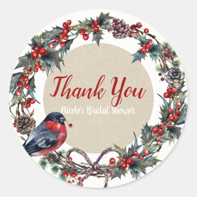 Winter Wedding Holiday Christmas Holly Berry Bird Classic Round Sticker (Front)