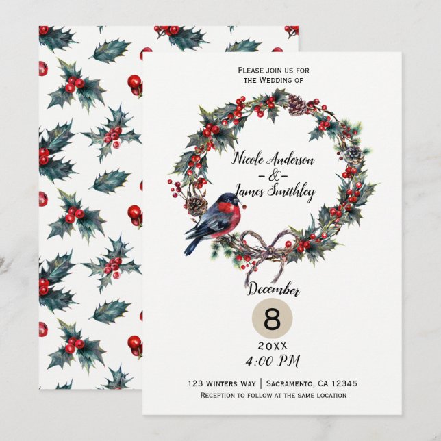 Winter Wedding Holiday Christmas Holly Berry Bird Invitation (Front/Back)