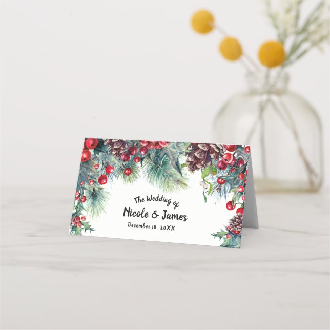 Winter Wedding Holiday Holly Berry Pine Cone Table Place Card (Front)