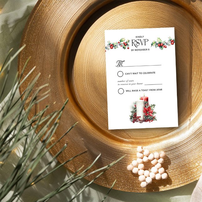 Winter Wedding Holly and Candles RSVP Card (RSVP Card from the Holly Bells Wedding Collection by Darling & May)