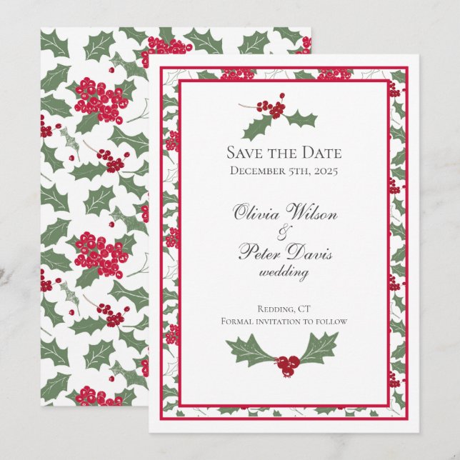 Winter Wedding Holly Save The Date Card (Front/Back)