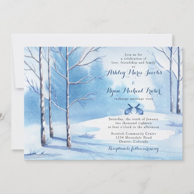 Winter Wedding Invitation Watercolor Trees Rabbits (Front)