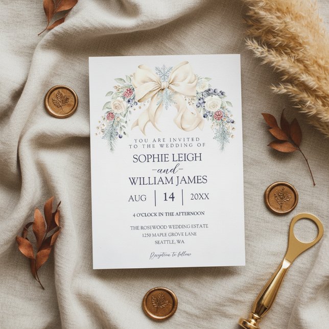 Winter Wedding Invitation with Cream Bow and Flora (blush and blue wedding invite
personalized winter wedding invite)