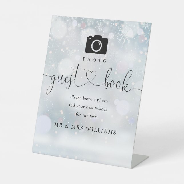 Winter Wedding Photo Guest Book Heart Script Pedestal Sign (Front)