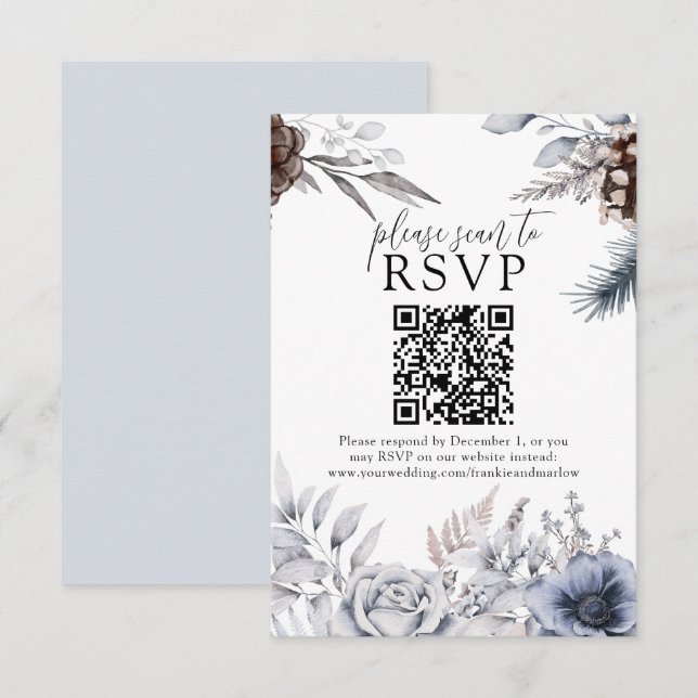 Winter Wedding Pine Cone QR Website RSVP Card (Front/Back)