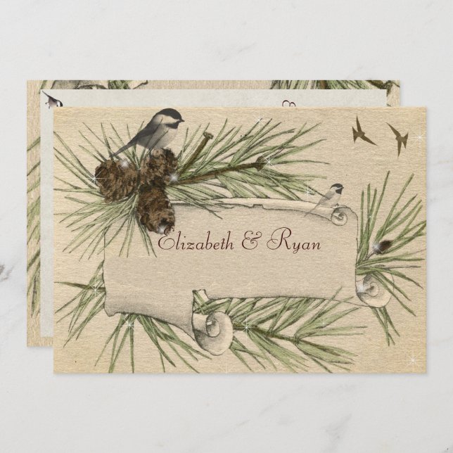 Winter Wedding, Pine Cones Black Cap Chicadee Invitation (Front/Back)