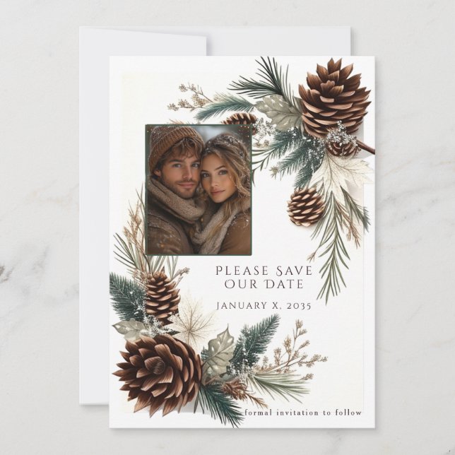 Winter Wedding Pine Cones Pine Needles Save The Date (Front)
