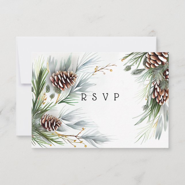 Winter Wedding Pine Cones Snow Pine Branches   RSVP Card (Front)