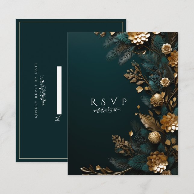 Winter Wedding Pine Cones with Gold Pine Needles RSVP Card (Front/Back)