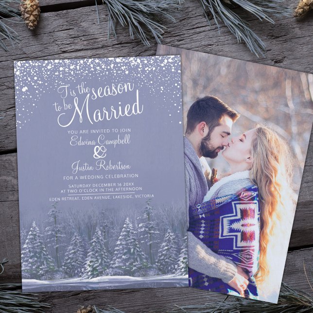 Winter wedding pine lake white blue art photo invitation (Creator Uploaded)