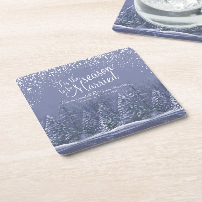 Winter wedding pine trees lake blue art square paper coaster (Angled)
