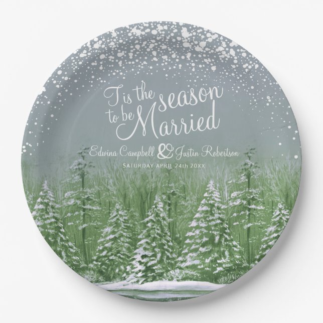 Winter wedding pine trees lake green grey art paper plate (Front)