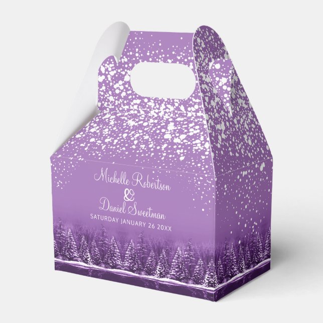 Winter wedding pine trees lake purple art favor box (Front Side)